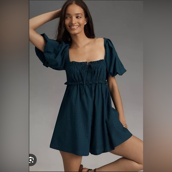 Pilcro Puff Sleeve Babydoll Romper - Dark Green - Large - Picture 1 of 12